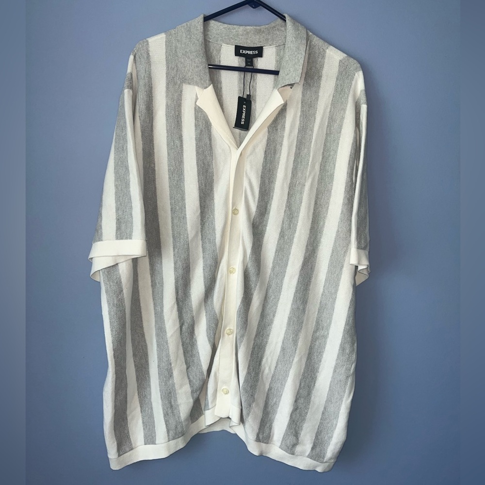 Express Striped Button Up Short Sleeve Sweater Polo Gray White Mens XXL